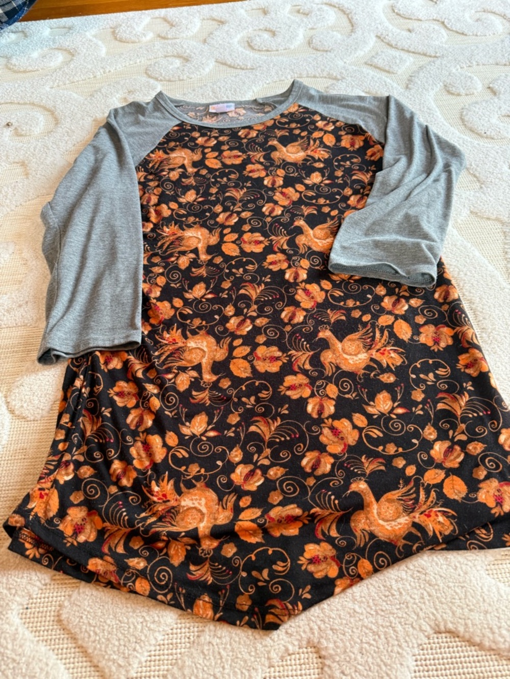 LuLaRoe Black Raglan with Orange Floral Print and Gray Trim